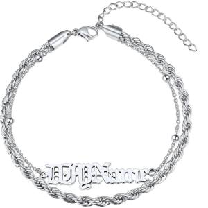 ChainsHouse Double Layer Anklet Bracelet for Women,Adjustable Chain Anklets Stackable Dainty Anklets,Stainless Steel/Gold Plated/Black Ankle Jewelry Gifts(A-Silver-Rope Chain)