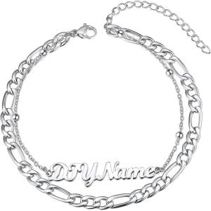 ChainsHouse Double Layer Anklet Bracelet for Women,Adjustable Chain Anklets Stackable Dainty Anklets,Stainless Steel/Gold Plated/Black Ankle Jewelry Gifts(A-Silver-Figaro Chain)