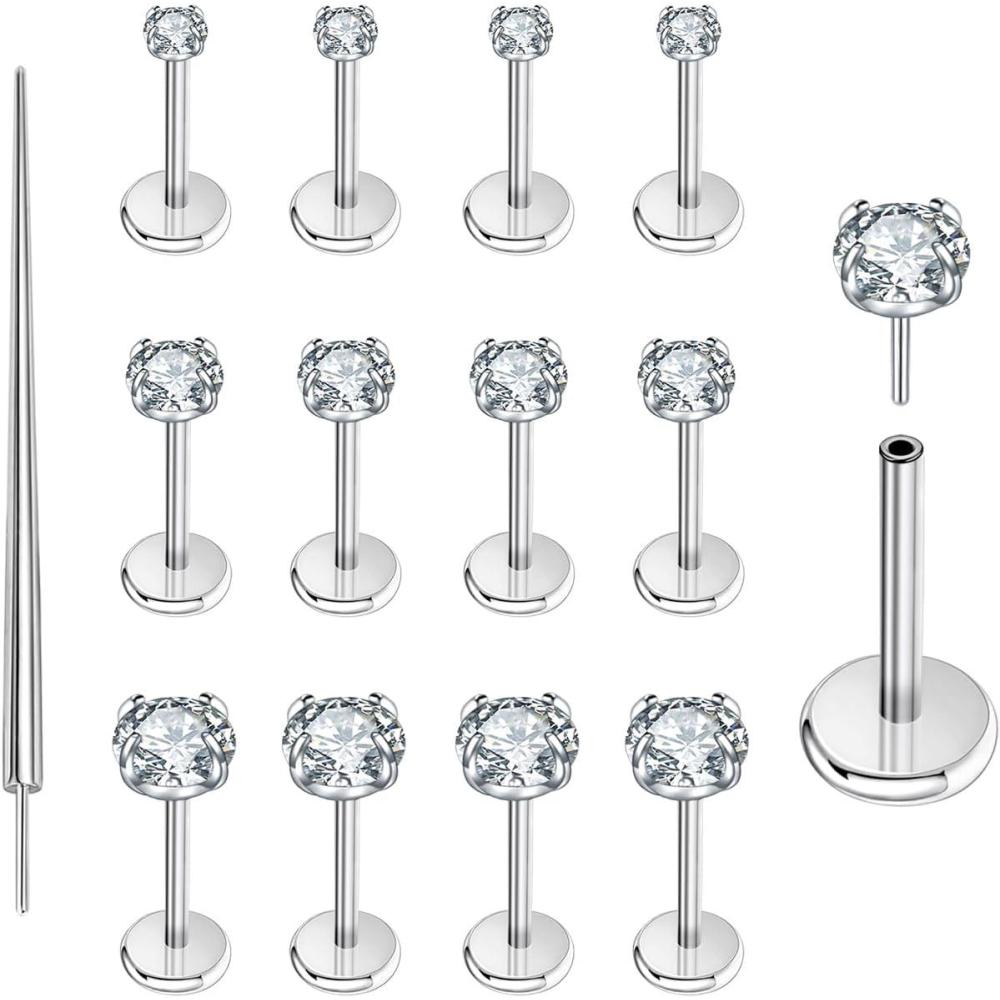 imagePunkTracker 13Pcs 20G18G16G Flat Back Earrings Stud 316L Surgical Stainless Steel Threadless Push in Nose Stud Tragus Helix Lip Medusa Piercing JewelrySilver 20G