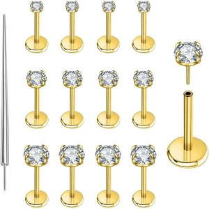 PunkTracker 13Pcs 20G/18G/16G Flat Back Earrings Stud 316L Surgical Stainless Steel Threadless Push in Nose Stud Tragus Helix Lip Medusa Piercing Jewelry(Gold  18G)
