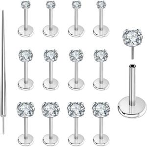 PunkTracker 13Pcs 20G/18G/16G Flat Back Earrings Stud 316L Surgical Stainless Steel Threadless Push in Nose Stud Tragus Helix Lip Medusa Piercing Jewelry(Silver  16G)