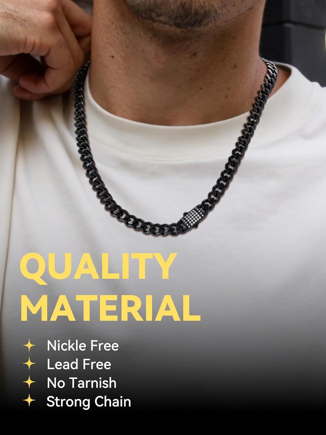 imageChainsHouse Stainless Steel Cuban Link Chain for Men Black 14K Gold Plated Cuban Chain Necklace with Iced Out Diamond Clasp 6mm9mm12mm Width1830 Send Gift Boxh9mm widthblack