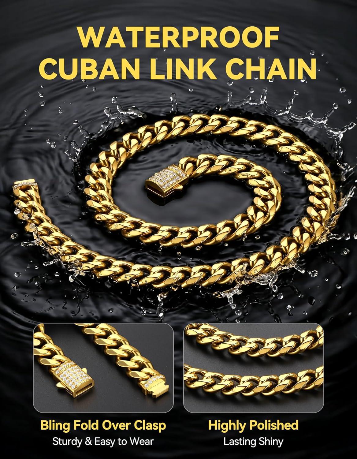 imageChainsHouse Stainless Steel Cuban Link Chain for Men Black 14K Gold Plated Cuban Chain Necklace with Iced Out Diamond Clasp 6mm9mm12mm Width1830 Send Gift Boxd 6mm widthgold
