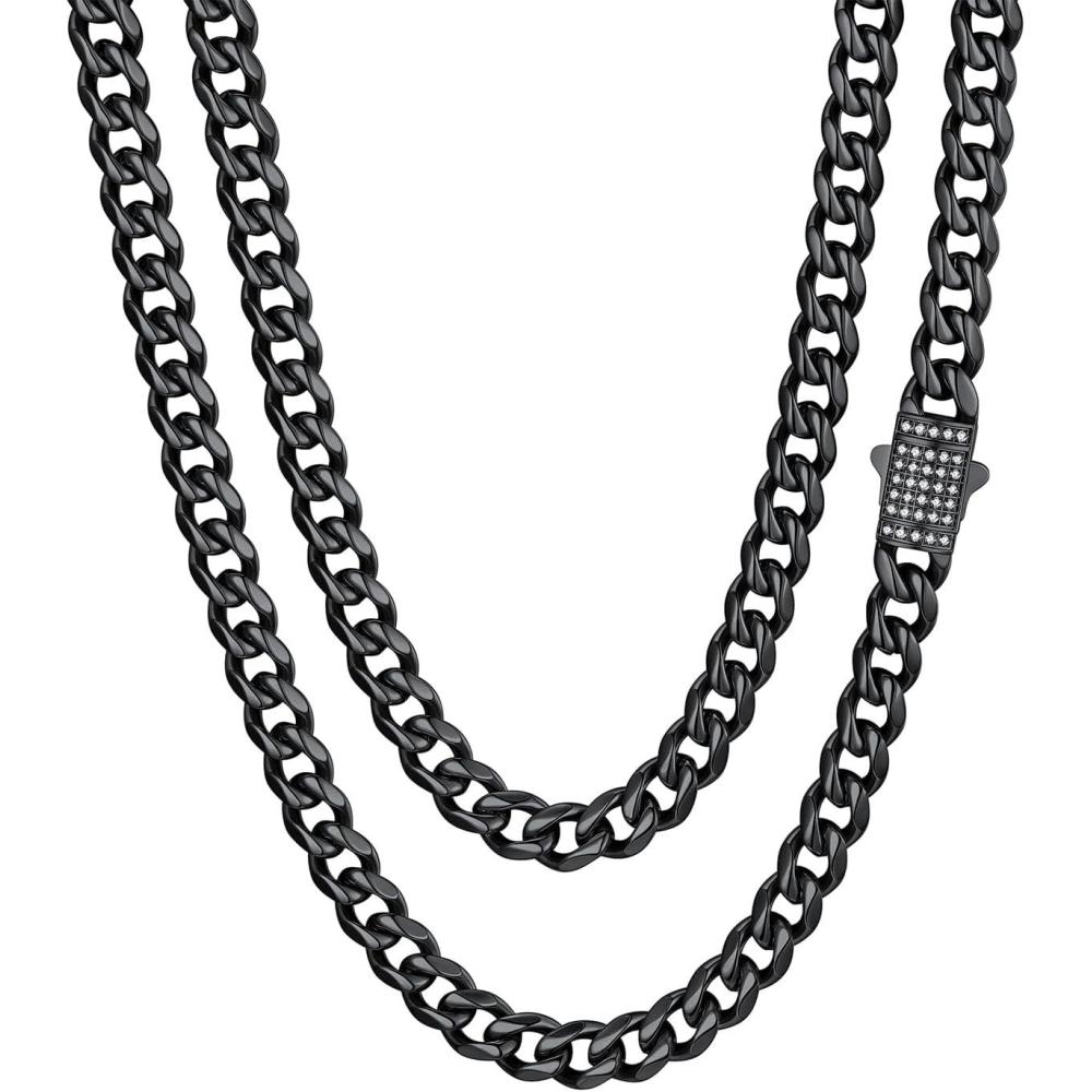 imageChainsHouse Stainless Steel Cuban Link Chain for Men Black 14K Gold Plated Cuban Chain Necklace with Iced Out Diamond Clasp 6mm9mm12mm Width1830 Send Gift Boxg6mm widthblack