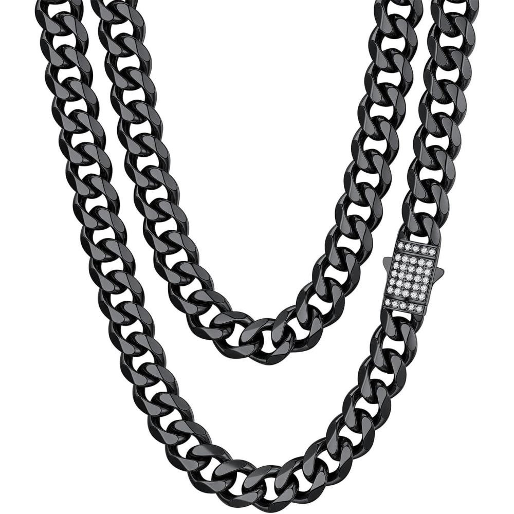 imageChainsHouse Stainless Steel Cuban Link Chain for Men Black 14K Gold Plated Cuban Chain Necklace with Iced Out Diamond Clasp 6mm9mm12mm Width1830 Send Gift Boxi12mm widthblack