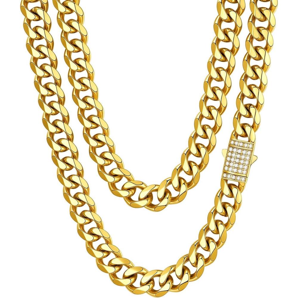 imageChainsHouse Stainless Steel Cuban Link Chain for Men Black 14K Gold Plated Cuban Chain Necklace with Iced Out Diamond Clasp 6mm9mm12mm Width1830 Send Gift Boxf12mm widthgold
