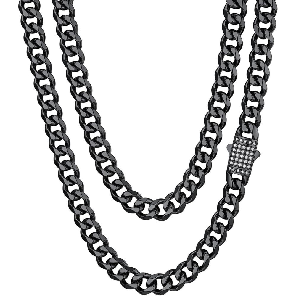 imageChainsHouse Stainless Steel Cuban Link Chain for Men Black 14K Gold Plated Cuban Chain Necklace with Iced Out Diamond Clasp 6mm9mm12mm Width1830 Send Gift Boxh9mm widthblack