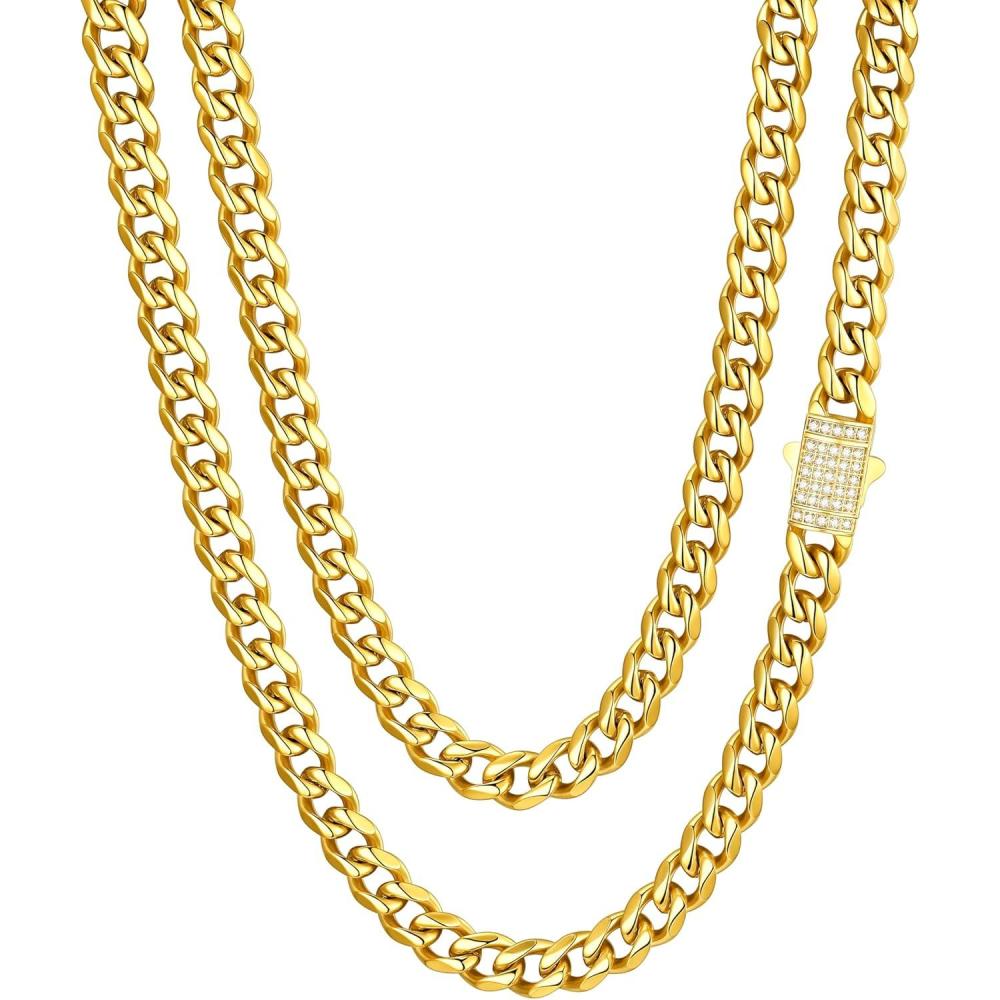 imageChainsHouse Stainless Steel Cuban Link Chain for Men Black 14K Gold Plated Cuban Chain Necklace with Iced Out Diamond Clasp 6mm9mm12mm Width1830 Send Gift Boxd 6mm widthgold