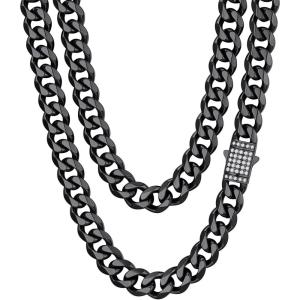 ChainsHouse Stainless Steel Cuban Link Chain for Men, Black/ 14K Gold Plated Cuban Chain Necklace with Iced Out Diamond Clasp, 6mm/9mm/12mm Width,18″-30″, Send Gift Box(i.12mm width-black)