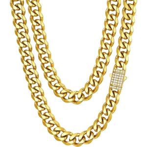 ChainsHouse Stainless Steel Cuban Link Chain for Men, Black/ 14K Gold Plated Cuban Chain Necklace with Iced Out Diamond Clasp, 6mm/9mm/12mm Width,18″-30″, Send Gift Box(f.12mm width-gold)