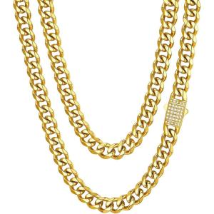ChainsHouse Stainless Steel Cuban Link Chain for Men, Black/ 14K Gold Plated Cuban Chain Necklace with Iced Out Diamond Clasp, 6mm/9mm/12mm Width,18″-30″, Send Gift Box(e.9mm width-gold)