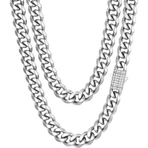 ChainsHouse Stainless Steel Cuban Link Chain for Men, Black/ 14K Gold Plated Cuban Chain Necklace with Iced Out Diamond Clasp, 6mm/9mm/12mm Width,18″-30″, Send Gift Box(c. 12mm width-steel)