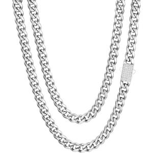 ChainsHouse Stainless Steel Cuban Link Chain for Men, Black/ 14K Gold Plated Cuban Chain Necklace with Iced Out Diamond Clasp, 6mm/9mm/12mm Width,18″-30″, Send Gift Box(a. 6mm width-steel)