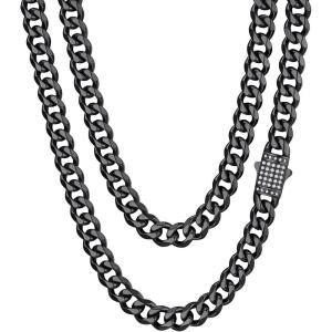 ChainsHouse Stainless Steel Cuban Link Chain for Men, Black/ 14K Gold Plated Cuban Chain Necklace with Iced Out Diamond Clasp, 6mm/9mm/12mm Width,18″-30″, Send Gift Box(h.9mm width-black)