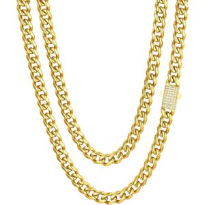 ChainsHouse Stainless Steel Cuban Link Chain for Men, Black/ 14K Gold Plated Cuban Chain Necklace with Iced Out Diamond Clasp, 6mm/9mm/12mm Width,18″-30″, Send Gift Box(d. 6mm width-gold)