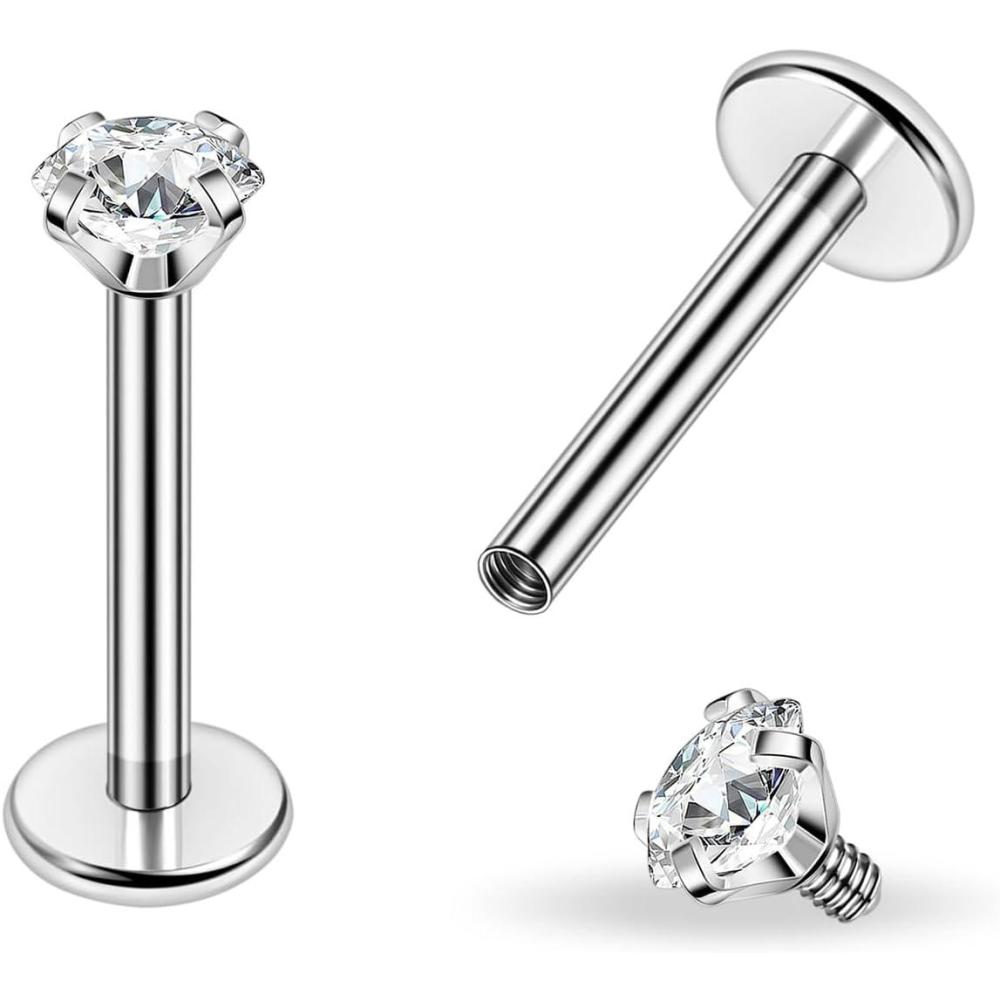 imagePunkTracker Titanium Steel 16g18g Internal Thread CZ Stud Piercing Jewelry for TragusNoseHelixConchMedusaLipDaithLabret Helix Tragus Cartilage Earring for Women Men 2PCS16g silver 8mm bar 2mm gem