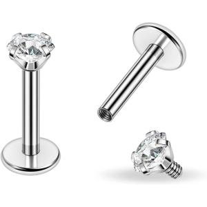 PunkTracker Titanium Steel 16g/18g Internal Thread CZ Stud Piercing Jewelry for Tragus/Nose/Helix/Conch/Medusa/Lip/Daith/Labret – Helix Tragus Cartilage Earring for Women Men 2PCS(18g silver 6mm bar 2mm gem)