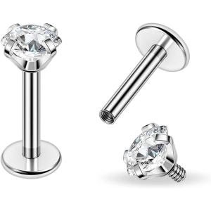 PunkTracker Titanium Steel 16g/18g Internal Thread CZ Stud Piercing Jewelry for Tragus/Nose/Helix/Conch/Medusa/Lip/Daith/Labret – Helix Tragus Cartilage Earring for Women Men 2PCS(16g silver 6mm bar 4mm gem)
