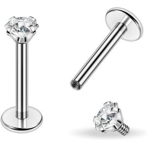 PunkTracker Titanium Steel 16g/18g Internal Thread CZ Stud Piercing Jewelry for Tragus/Nose/Helix/Conch/Medusa/Lip/Daith/Labret – Helix Tragus Cartilage Earring for Women Men 2PCS(16g silver 8mm bar 2mm gem)