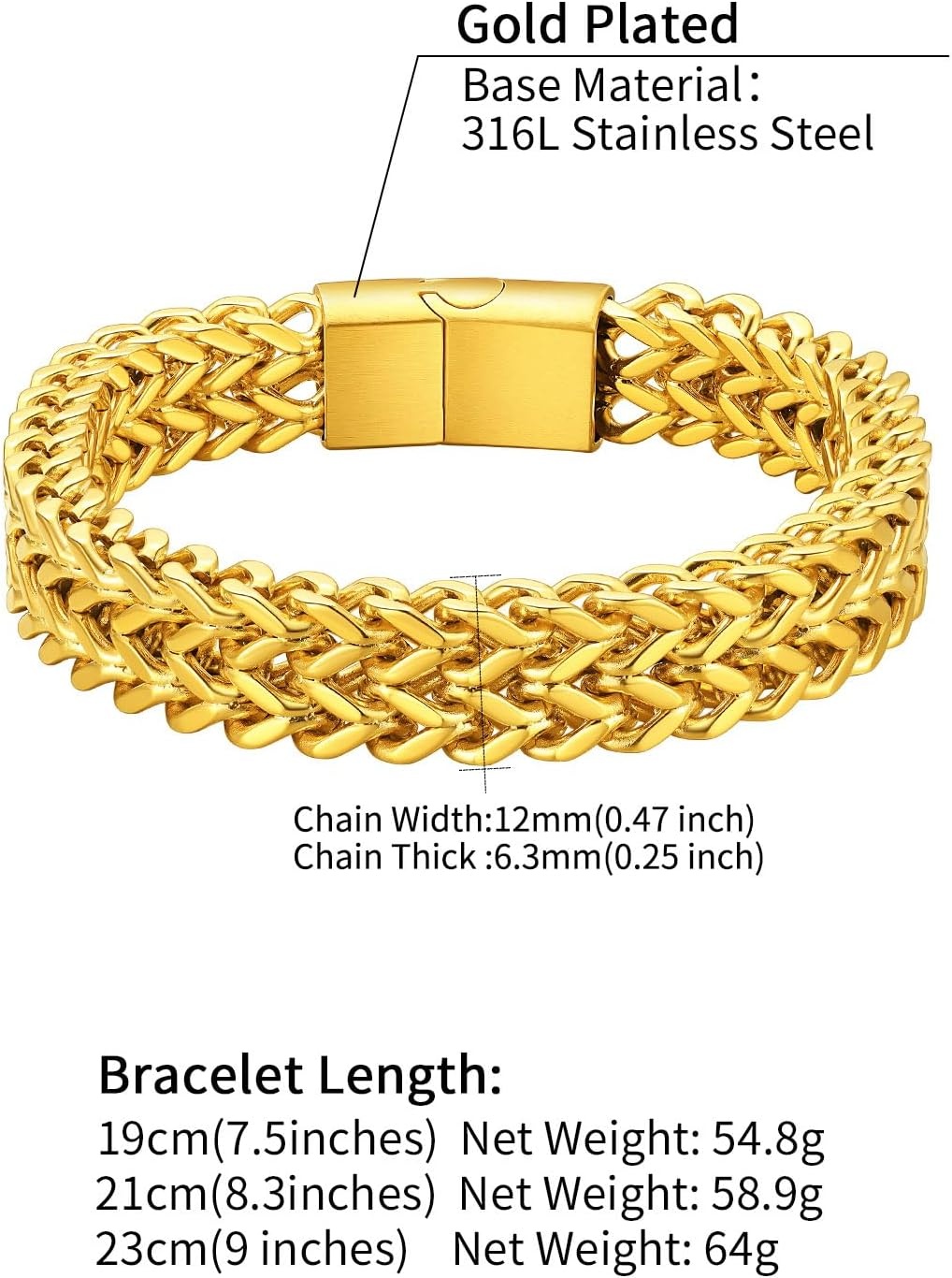 image:imageChainsHouse Bracelet for Men 316L Stainless Steel Franco Cuban Link Chain Bracelet with Sturdy Clasp 61012MM Widths 75839 Inch Lengths Gift for Husband or Dad18 12mmGold PlatedCustom