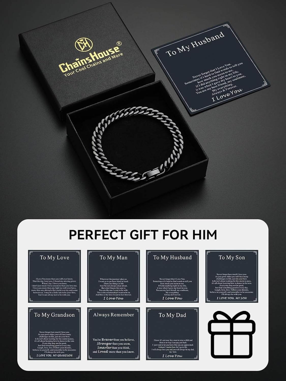 image:imageChainsHouse Cuban Link Chain Bracelet Anniversary Birthday Valentines Fathers Day Stainless SteelBlack Bracelet Men To My Man Love Husband Dad Chain Bracelet for Men Him Jewelry Gifts02To My LoveBlack