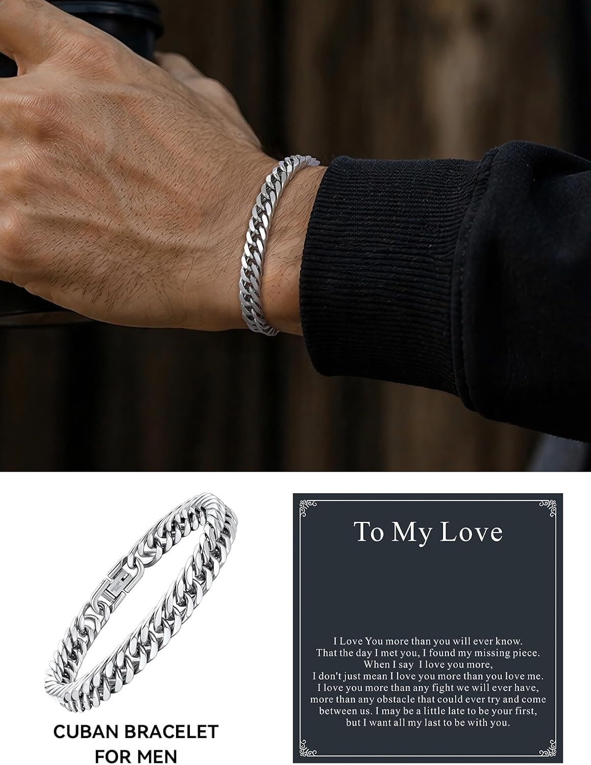 image:imageChainsHouse Cuban Link Chain Bracelet Anniversary Birthday Valentines Fathers Day Stainless SteelBlack Bracelet Men To My Man Love Husband Dad Chain Bracelet for Men Him Jewelry Gifts01To My LoveSteel