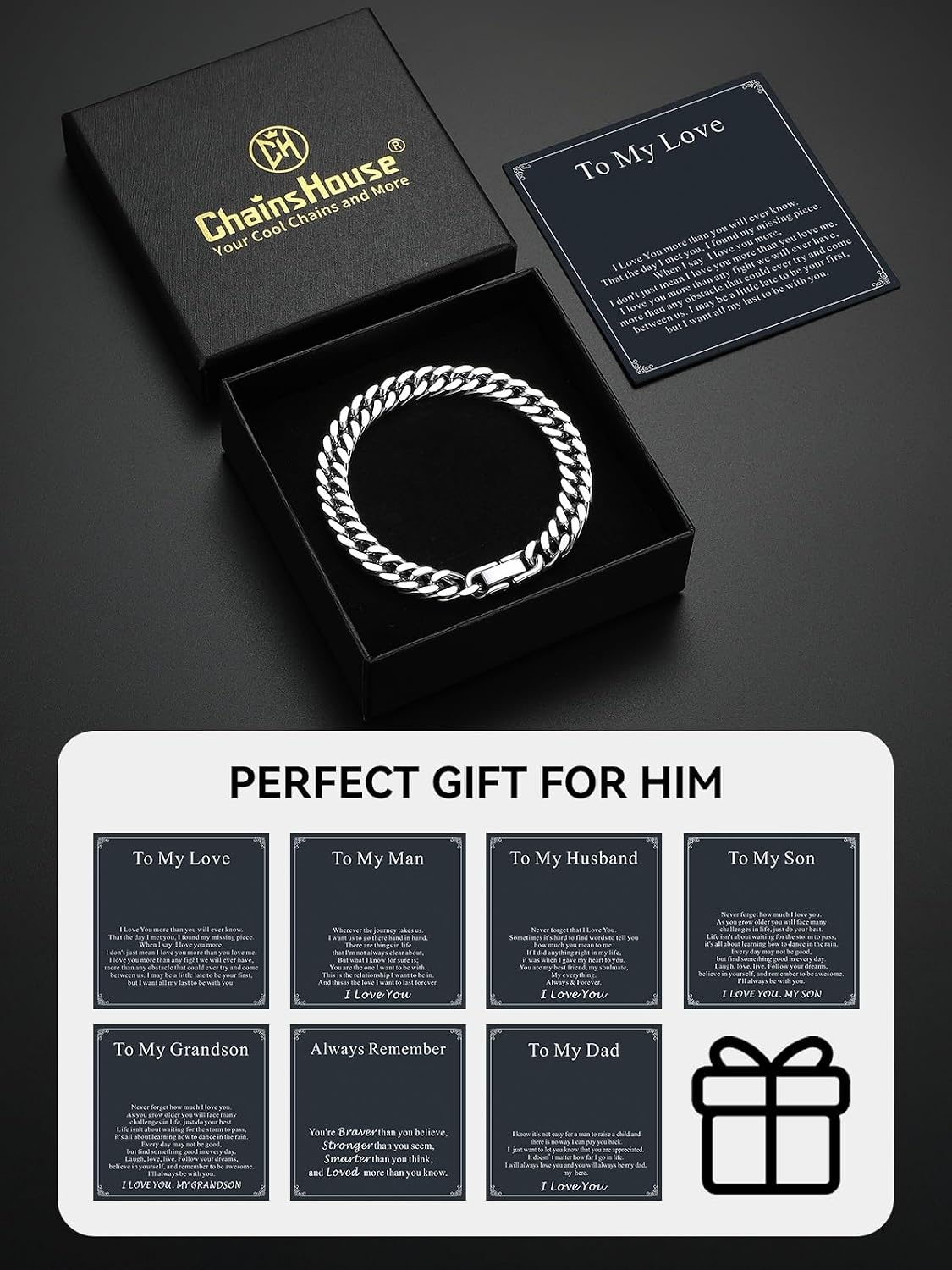 image:imageChainsHouse Cuban Link Chain Bracelet Anniversary Birthday Valentines Fathers Day Stainless SteelBlack Bracelet Men To My Man Love Husband Dad Chain Bracelet for Men Him Jewelry Gifts01To My SonSteel
