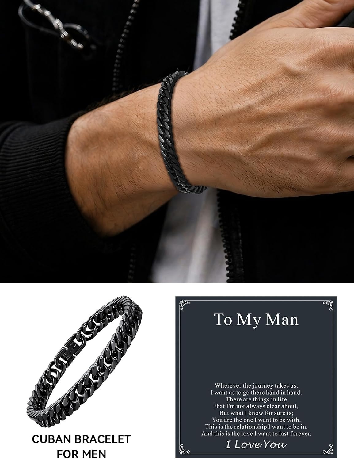 image:imageChainsHouse Cuban Link Chain Bracelet Anniversary Birthday Valentines Fathers Day Stainless SteelBlack Bracelet Men To My Man Love Husband Dad Chain Bracelet for Men Him Jewelry Gifts02To My DadBlack