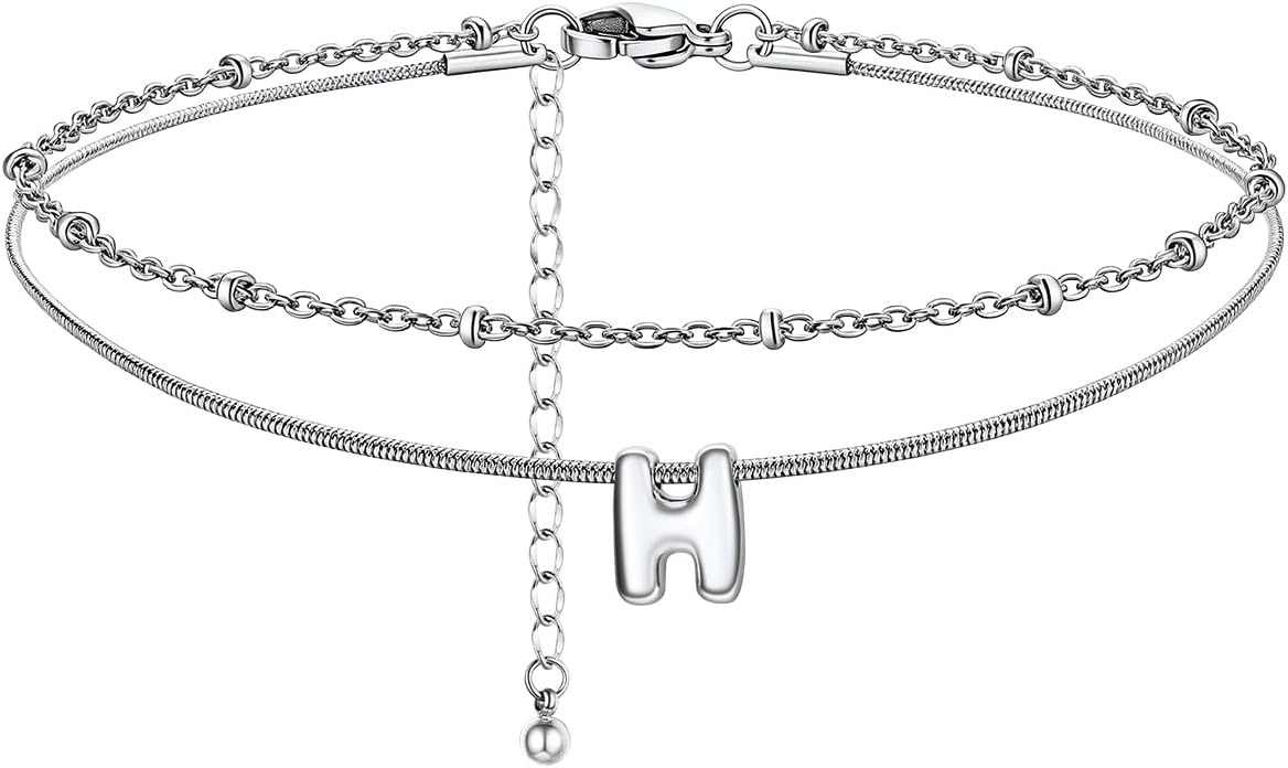 image:imageChainsHouse Initial Ankle Bracelets for Women Waterproof 14K Gold Plated Layered Initial Anklets Non Tarnish Adjustable Stainless Steel Womens Ankle Summer Beach Foot JewelryStainless Steel