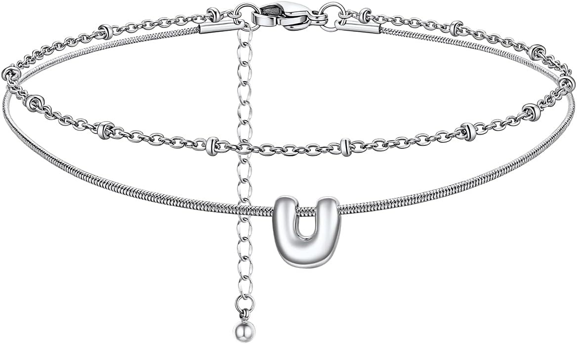 image:imageChainsHouse Initial Ankle Bracelets for Women Waterproof 14K Gold Plated Layered Initial Anklets Non Tarnish Adjustable Stainless Steel Womens Ankle Summer Beach Foot JewelryStainless Steel