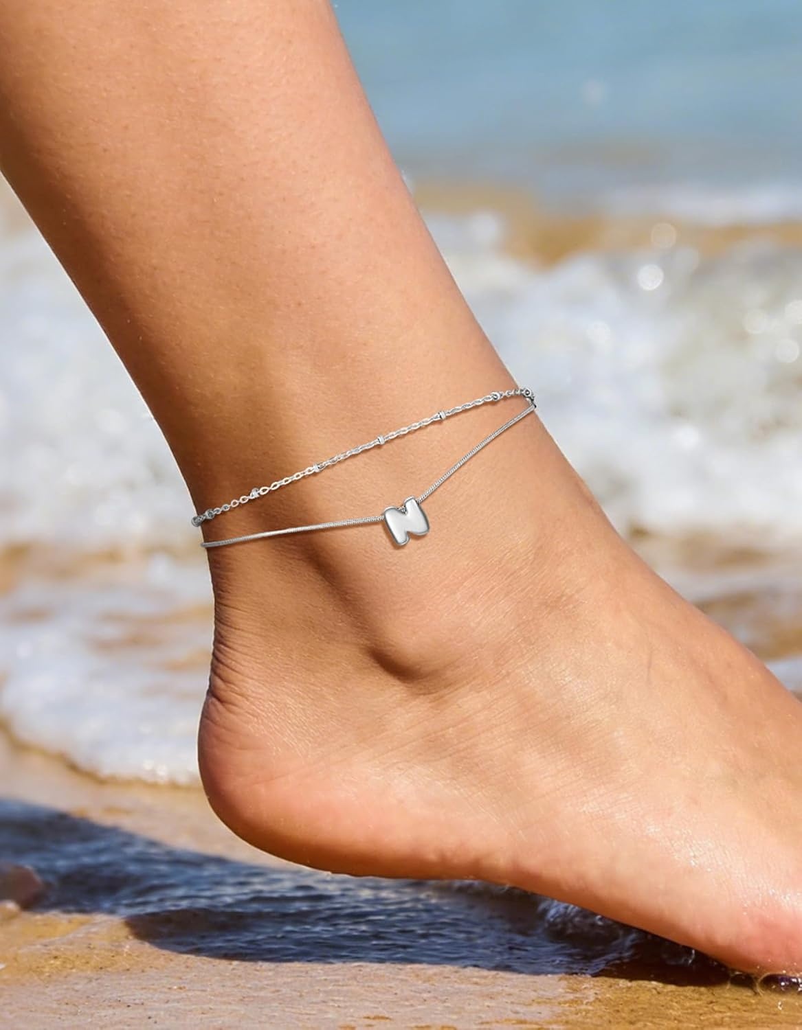 image:imageChainsHouse Initial Ankle Bracelets for Women Waterproof 14K Gold Plated Layered Initial Anklets Non Tarnish Adjustable Stainless Steel Womens Ankle Summer Beach Foot JewelryStainless Steel