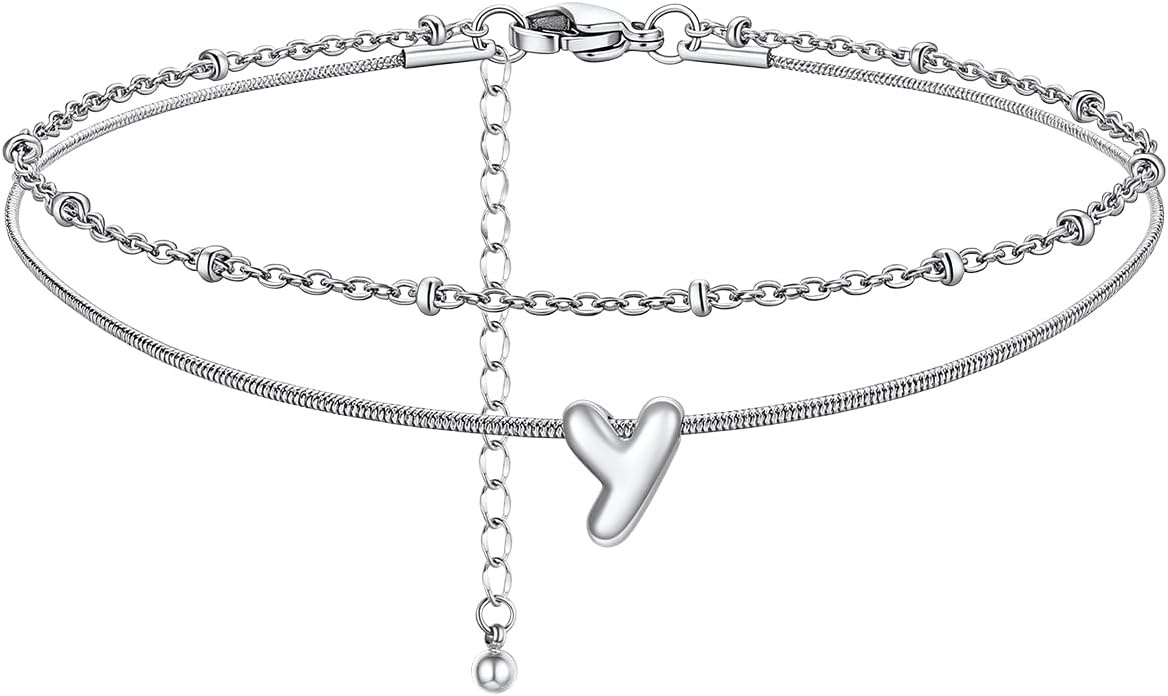 image:imageChainsHouse Initial Ankle Bracelets for Women Waterproof 14K Gold Plated Layered Initial Anklets Non Tarnish Adjustable Stainless Steel Womens Ankle Summer Beach Foot JewelryStainless Steel