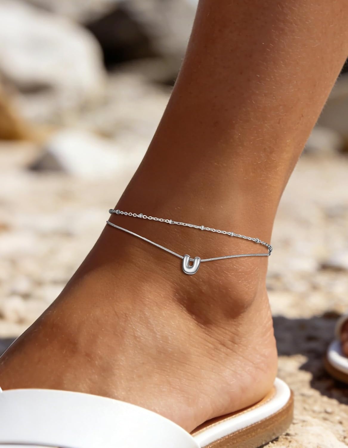 image:imageChainsHouse Initial Ankle Bracelets for Women Waterproof 14K Gold Plated Layered Initial Anklets Non Tarnish Adjustable Stainless Steel Womens Ankle Summer Beach Foot JewelryStainless Steel