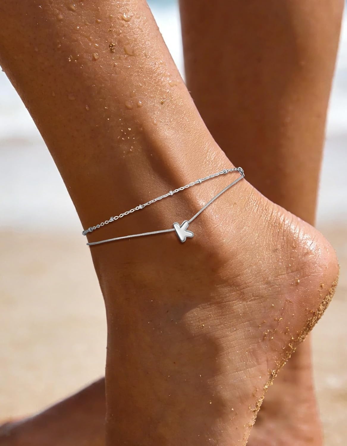 image:imageChainsHouse Initial Ankle Bracelets for Women Waterproof 14K Gold Plated Layered Initial Anklets Non Tarnish Adjustable Stainless Steel Womens Ankle Summer Beach Foot JewelryStainless Steel