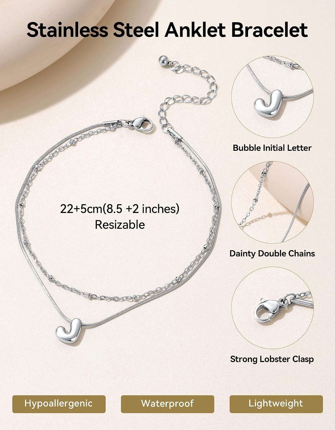 image:imageChainsHouse Initial Ankle Bracelets for Women Waterproof 14K Gold Plated Layered Initial Anklets Non Tarnish Adjustable Stainless Steel Womens Ankle Summer Beach Foot JewelryStainless Steel