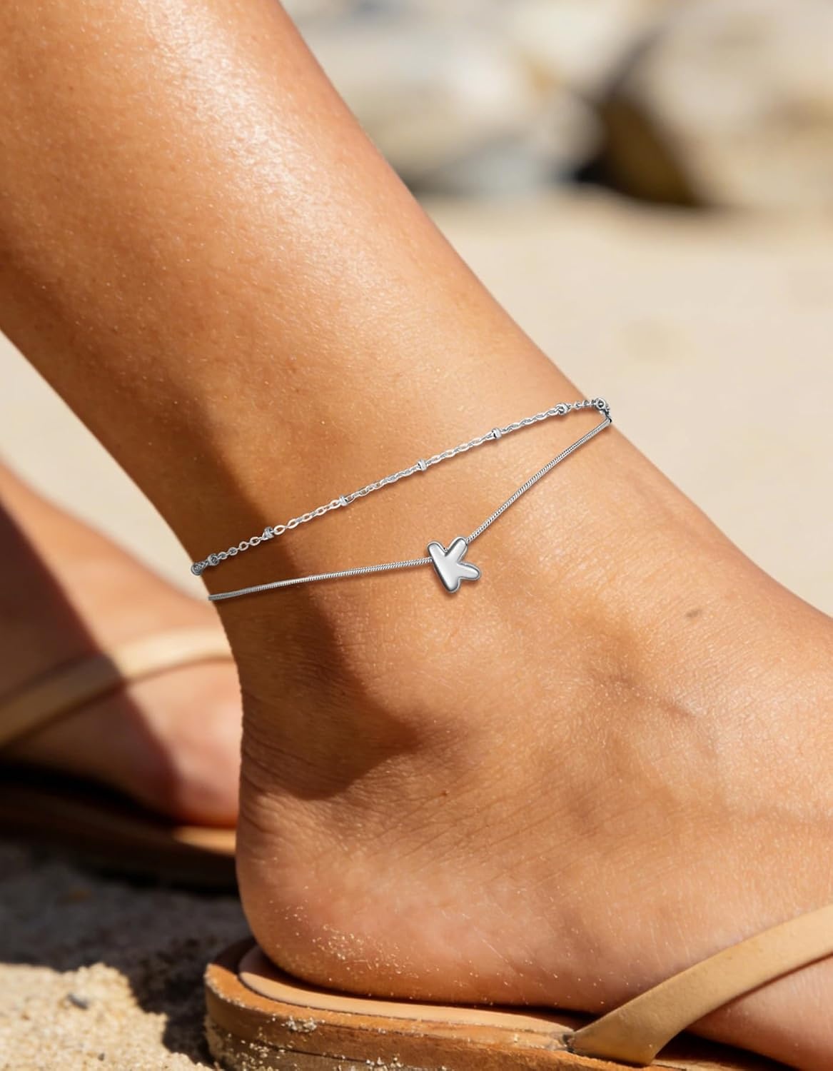 image:imageChainsHouse Initial Ankle Bracelets for Women Waterproof 14K Gold Plated Layered Initial Anklets Non Tarnish Adjustable Stainless Steel Womens Ankle Summer Beach Foot JewelryStainless Steel