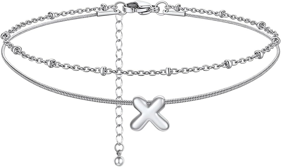 image:imageChainsHouse Initial Ankle Bracelets for Women Waterproof 14K Gold Plated Layered Initial Anklets Non Tarnish Adjustable Stainless Steel Womens Ankle Summer Beach Foot JewelryStainless Steel