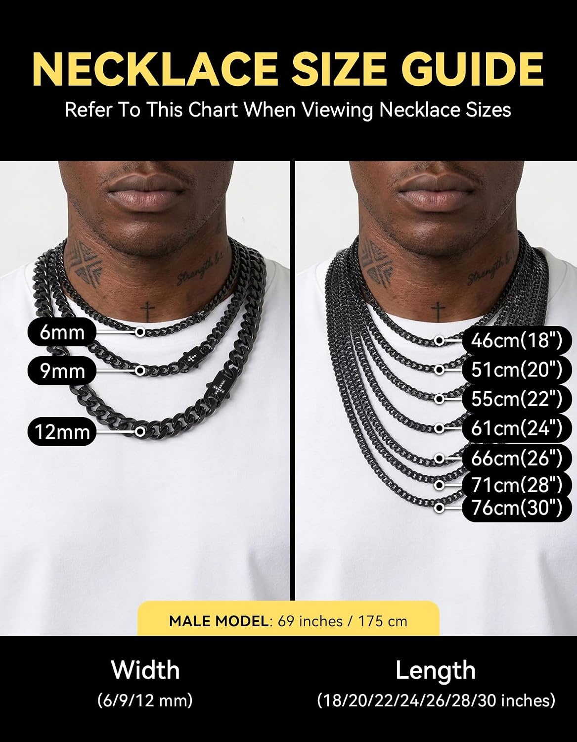 image:imageChainsHouse Mens Cuban Link Chain Necklace 6912mm 1830inch Stainless Steel Gold Black with Iced Out Cross Clasp Hip Hop Chunky Jewelry for Menc 9mm widthblack