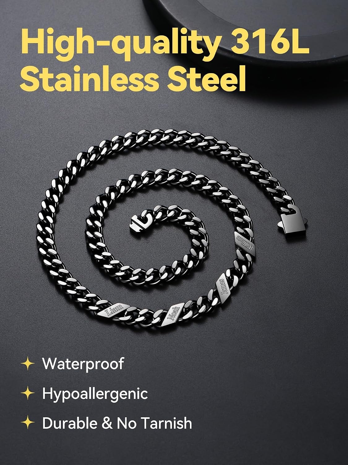 image:imageChainsHouse Personalized Cuban Link Chain for Men WomenCustom Engraved 16 Names5mm7mm9mm12mm Width Chain Name Necklace with Gift BoxHypoallergenic amp WaterproofJBlackMen12mm width