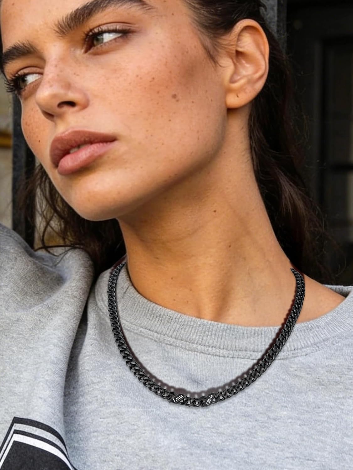 image:imageChainsHouse Personalized Cuban Link Chain for Men WomenCustom Engraved 16 Names5mm7mm9mm12mm Width Chain Name Necklace with Gift BoxHypoallergenic amp WaterproofRBlackWomen7mm width