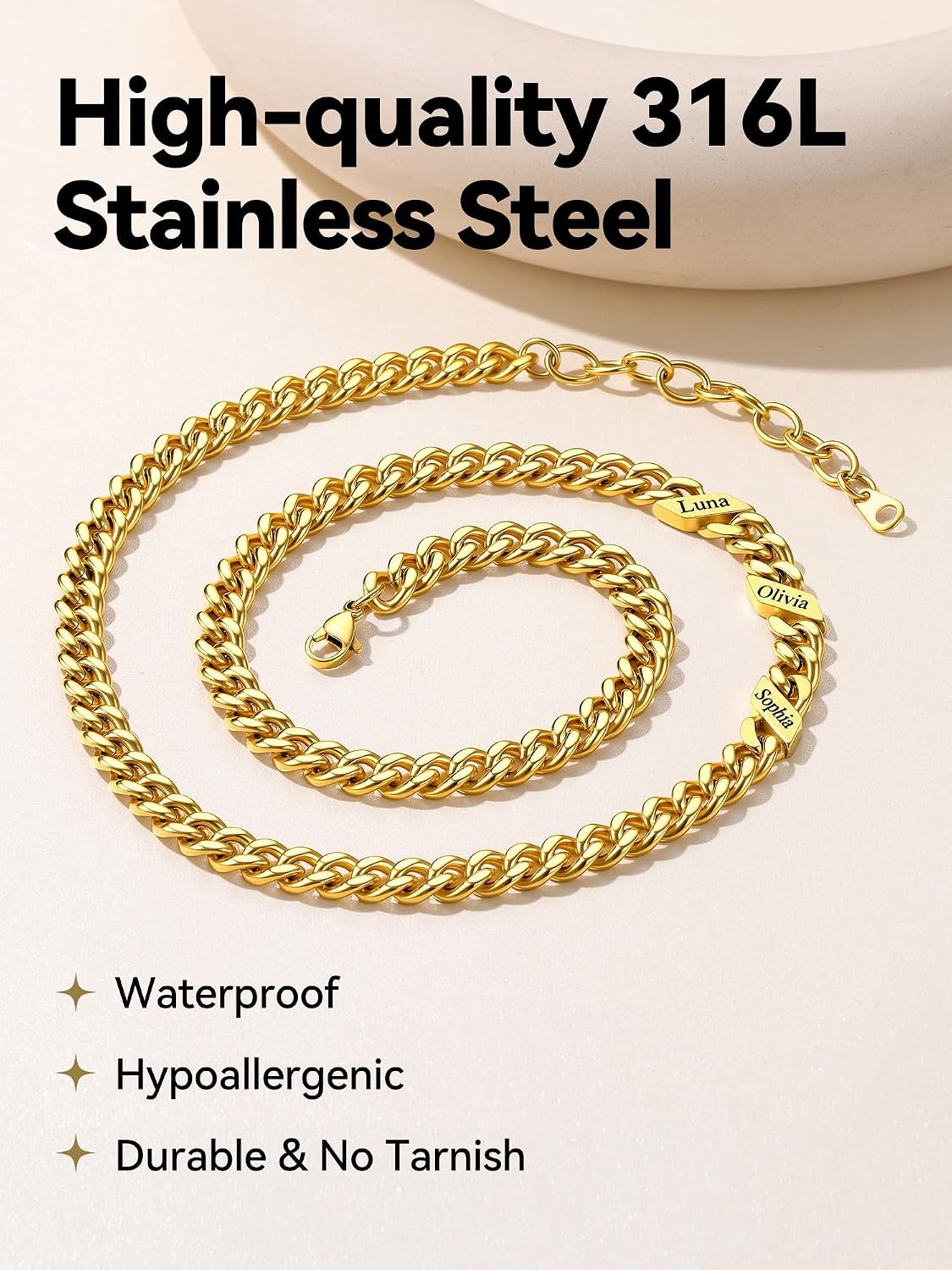 image:imageChainsHouse Personalized Cuban Link Chain for Men WomenCustom Engraved 16 Names5mm7mm9mm12mm Width Chain Name Necklace with Gift BoxHypoallergenic amp WaterproofPGoldWomen9mm width
