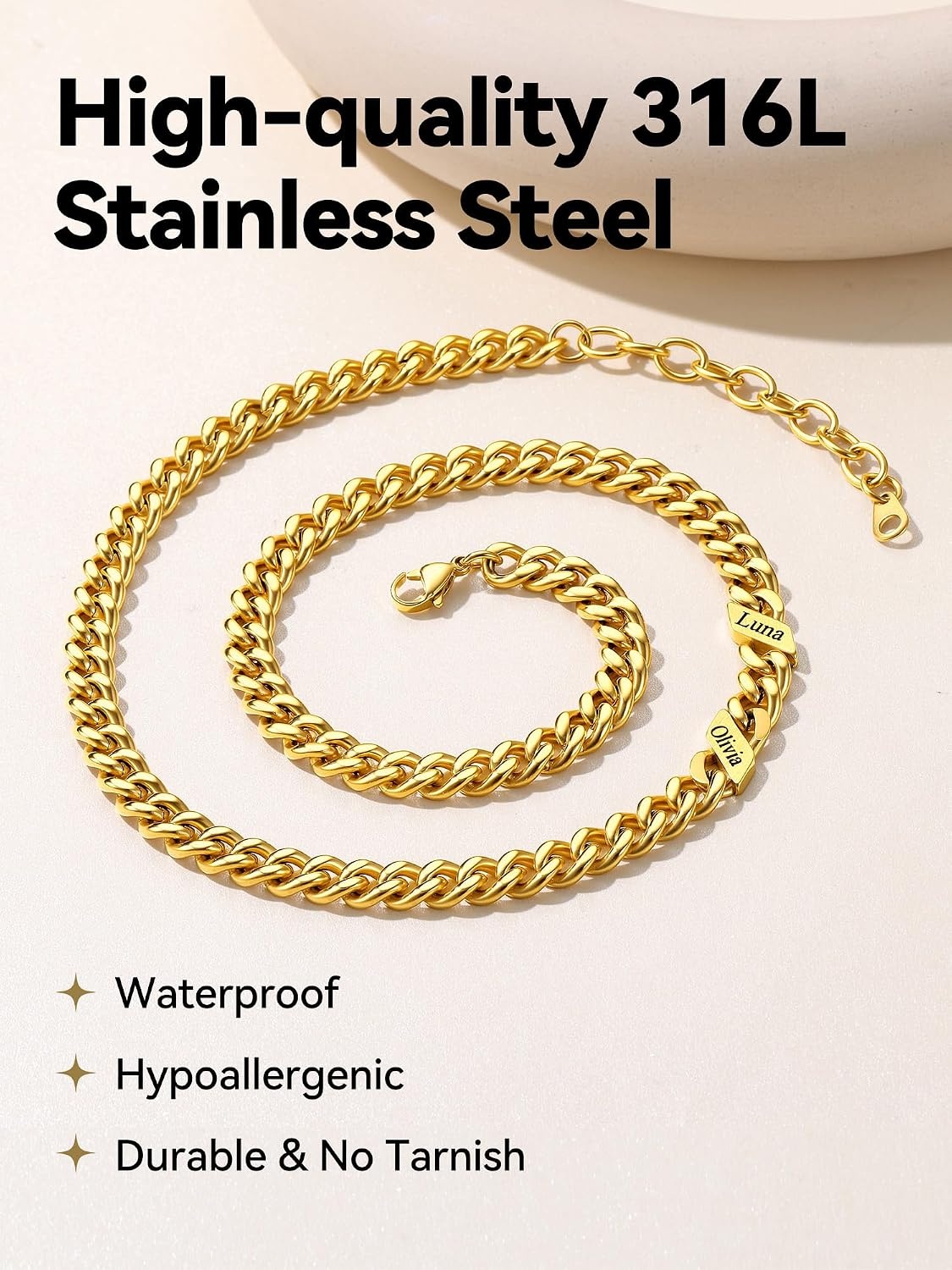 image:imageChainsHouse Personalized Cuban Link Chain for Men WomenCustom Engraved 16 Names5mm7mm9mm12mm Width Chain Name Necklace with Gift BoxHypoallergenic amp WaterproofNGoldWomen5mm width