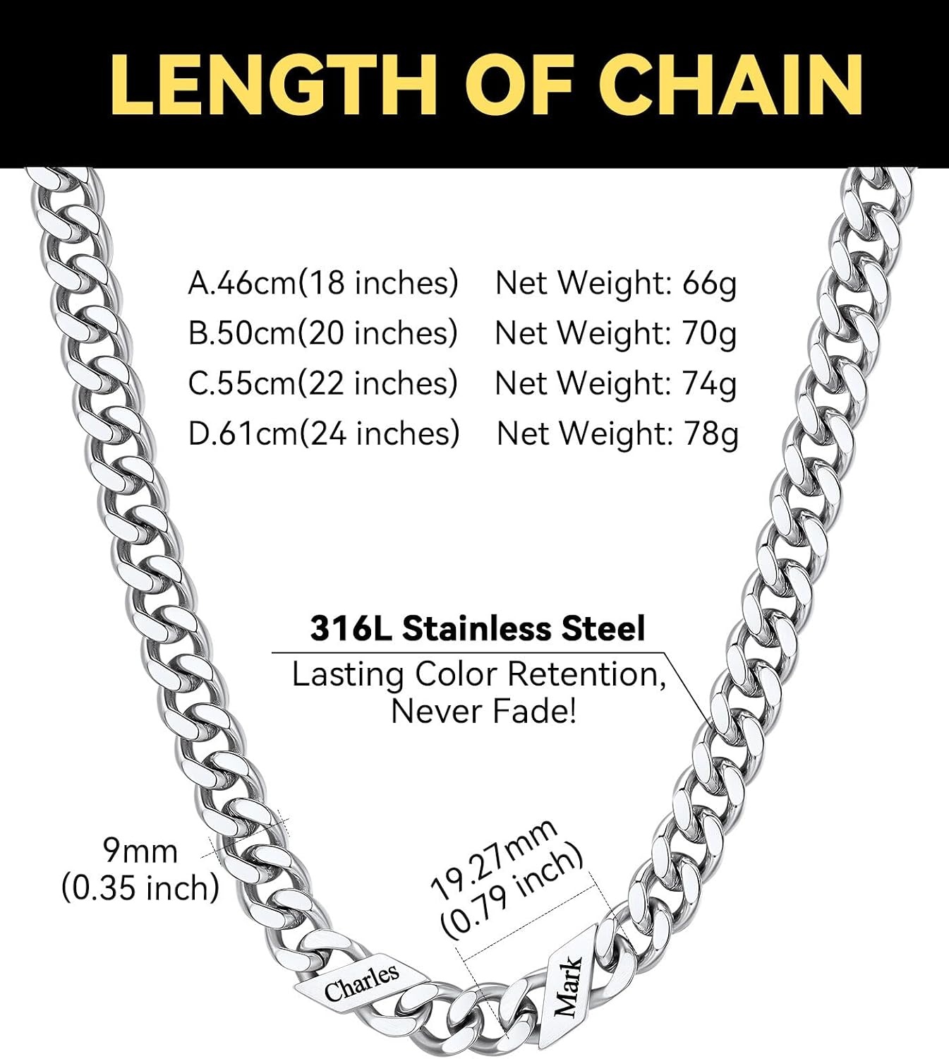 image:imageChainsHouse Personalized Cuban Link Chain for Men WomenCustom Engraved 16 Names5mm7mm9mm12mm Width Chain Name Necklace with Gift BoxHypoallergenic amp WaterproofBSteelMen9mm width