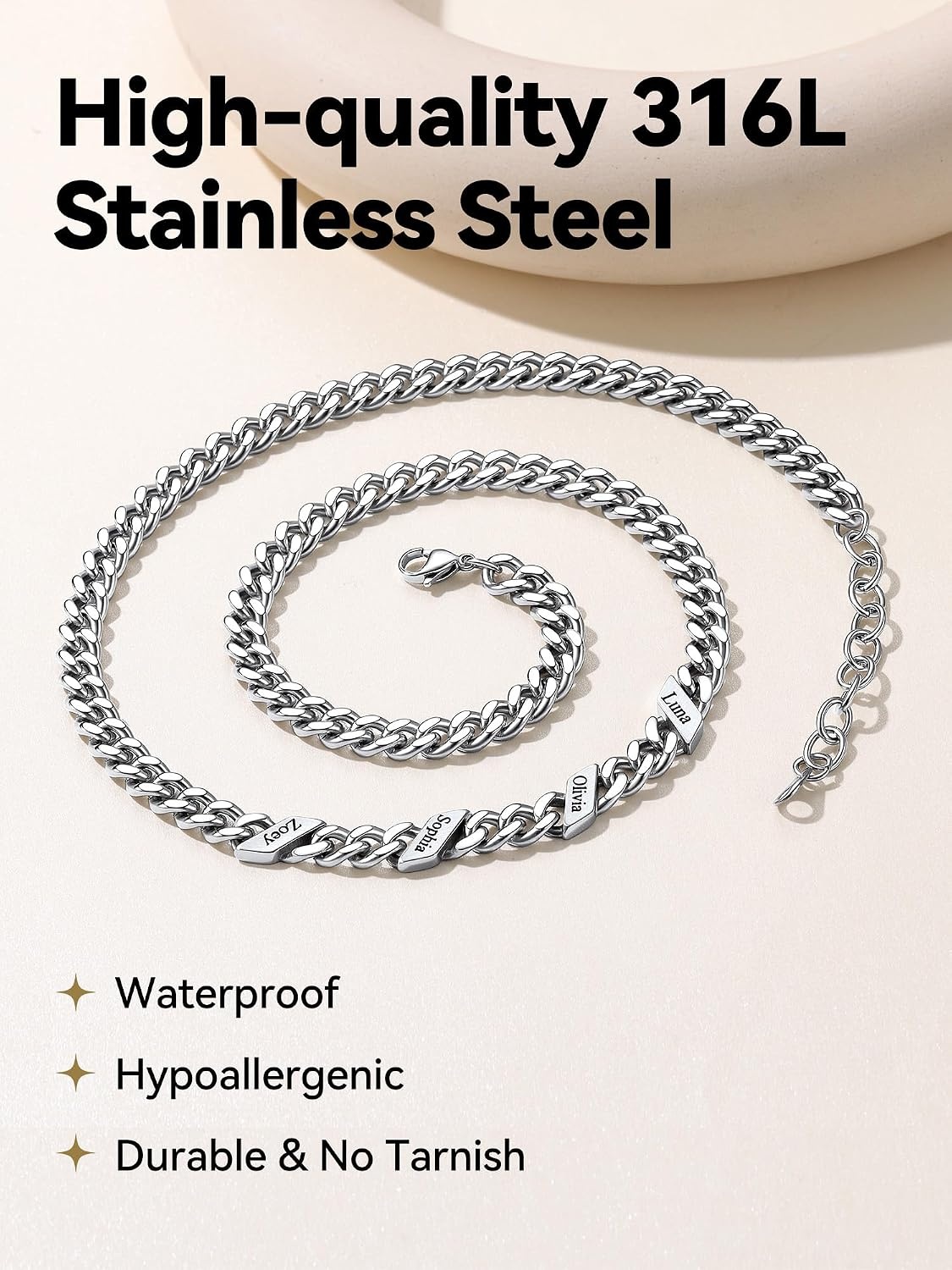 image:imageChainsHouse Personalized Cuban Link Chain for Men WomenCustom Engraved 16 Names5mm7mm9mm12mm Width Chain Name Necklace with Gift BoxHypoallergenic amp WaterproofMSteelWomen9mm width