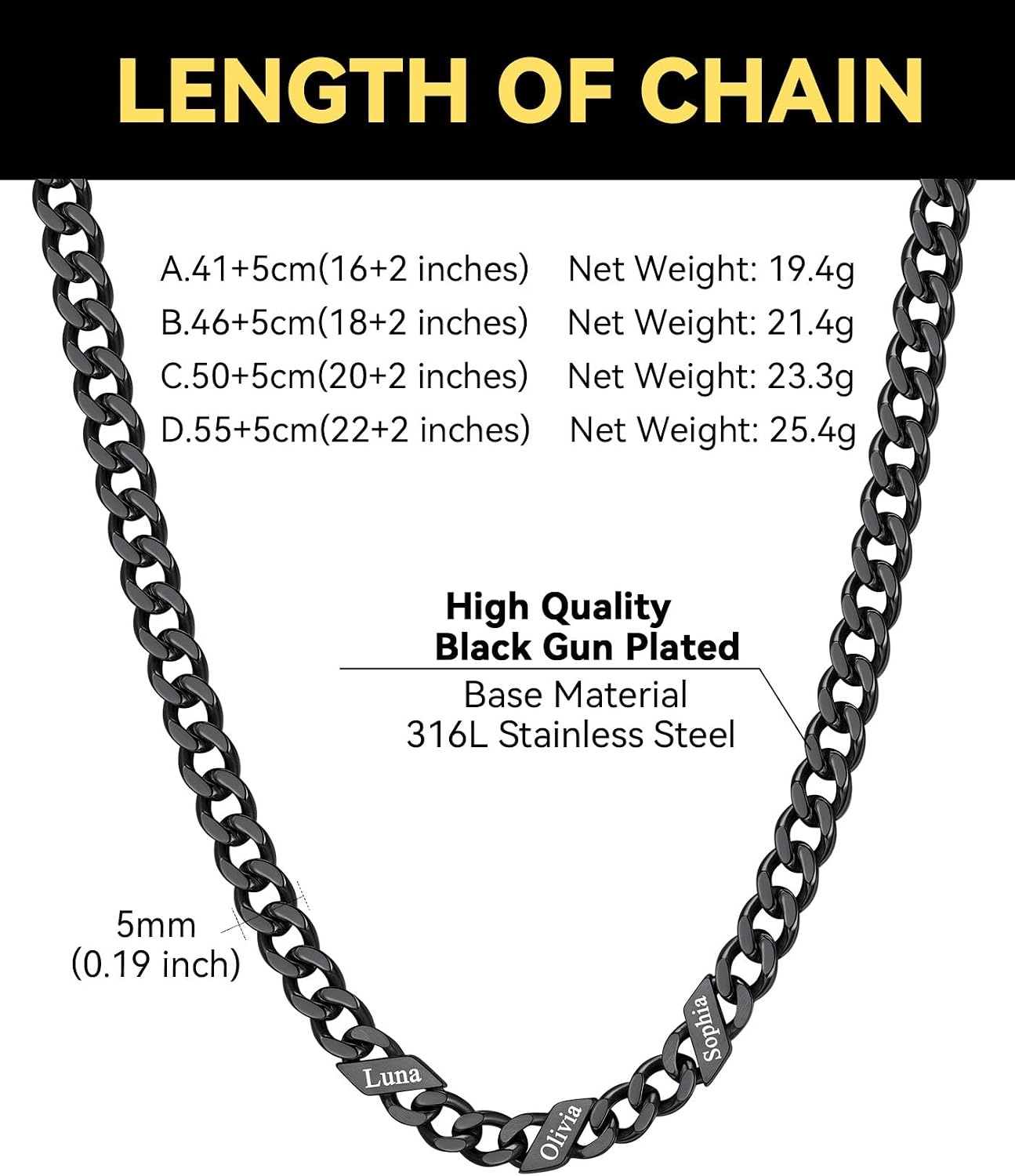 image:imageChainsHouse Personalized Cuban Link Chain for Men WomenCustom Engraved 16 Names5mm7mm9mm12mm Width Chain Name Necklace with Gift BoxHypoallergenic amp WaterproofQBlackWomen5mm width