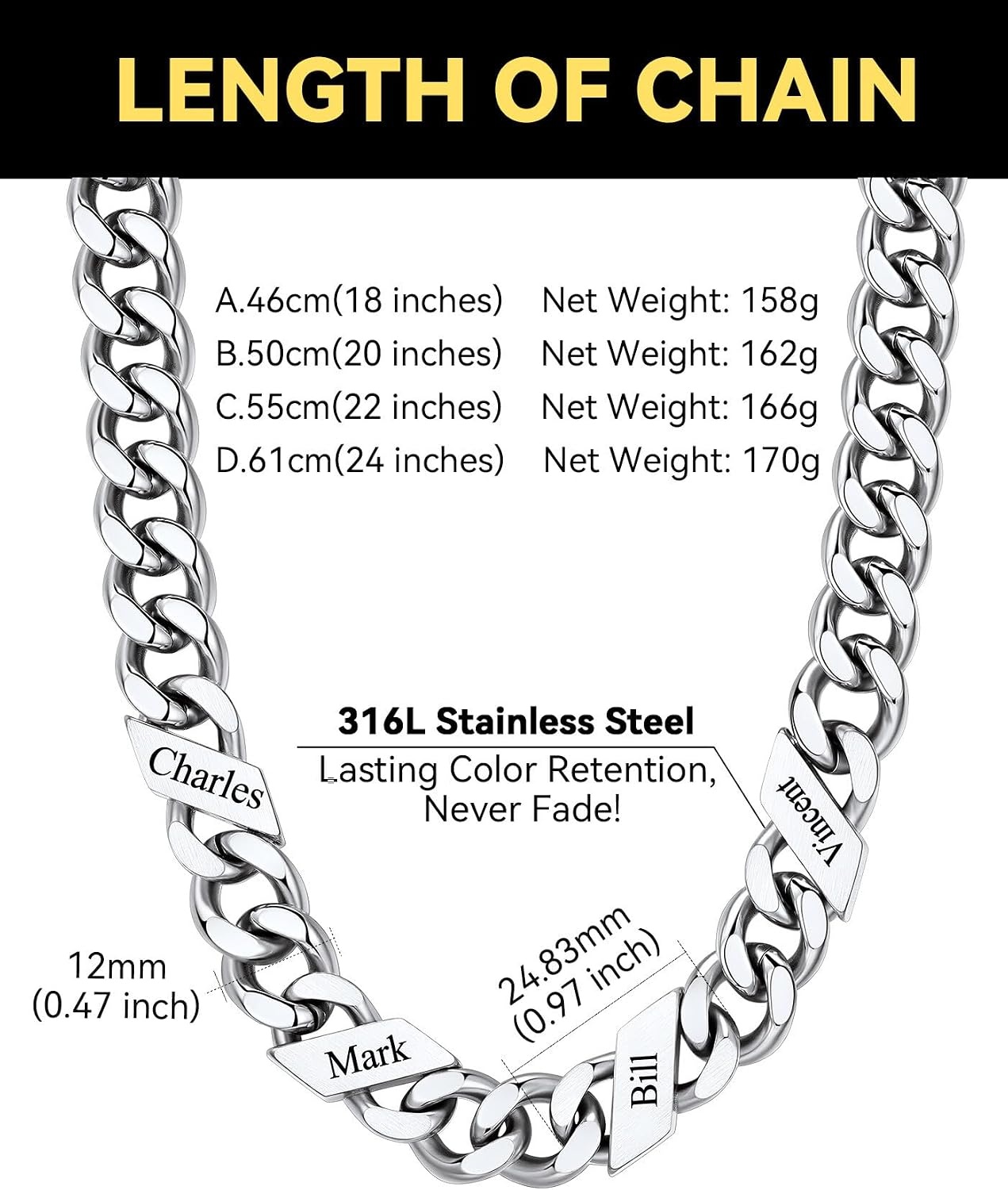 image:imageChainsHouse Personalized Cuban Link Chain for Men WomenCustom Engraved 16 Names5mm7mm9mm12mm Width Chain Name Necklace with Gift BoxHypoallergenic amp WaterproofCSteelMen12mm width
