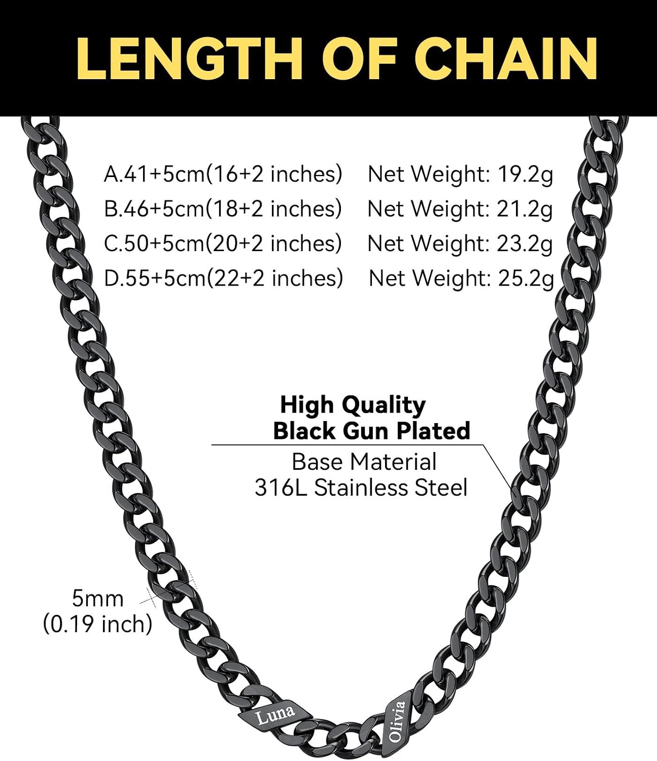 image:imageChainsHouse Personalized Cuban Link Chain for Men WomenCustom Engraved 16 Names5mm7mm9mm12mm Width Chain Name Necklace with Gift BoxHypoallergenic amp WaterproofQBlackWomen5mm width
