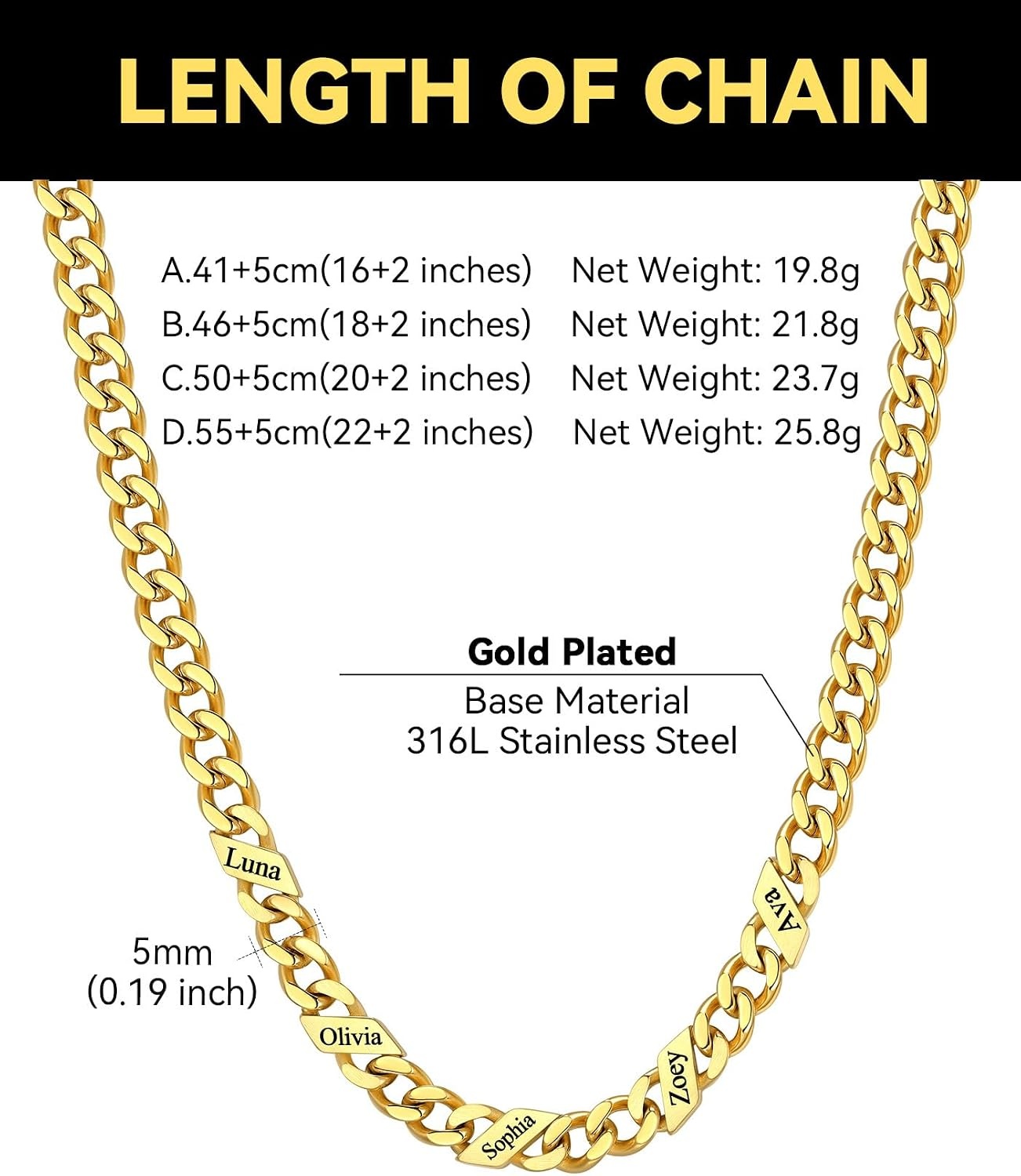 image:imageChainsHouse Personalized Cuban Link Chain for Men WomenCustom Engraved 16 Names5mm7mm9mm12mm Width Chain Name Necklace with Gift BoxHypoallergenic amp WaterproofNGoldWomen5mm width