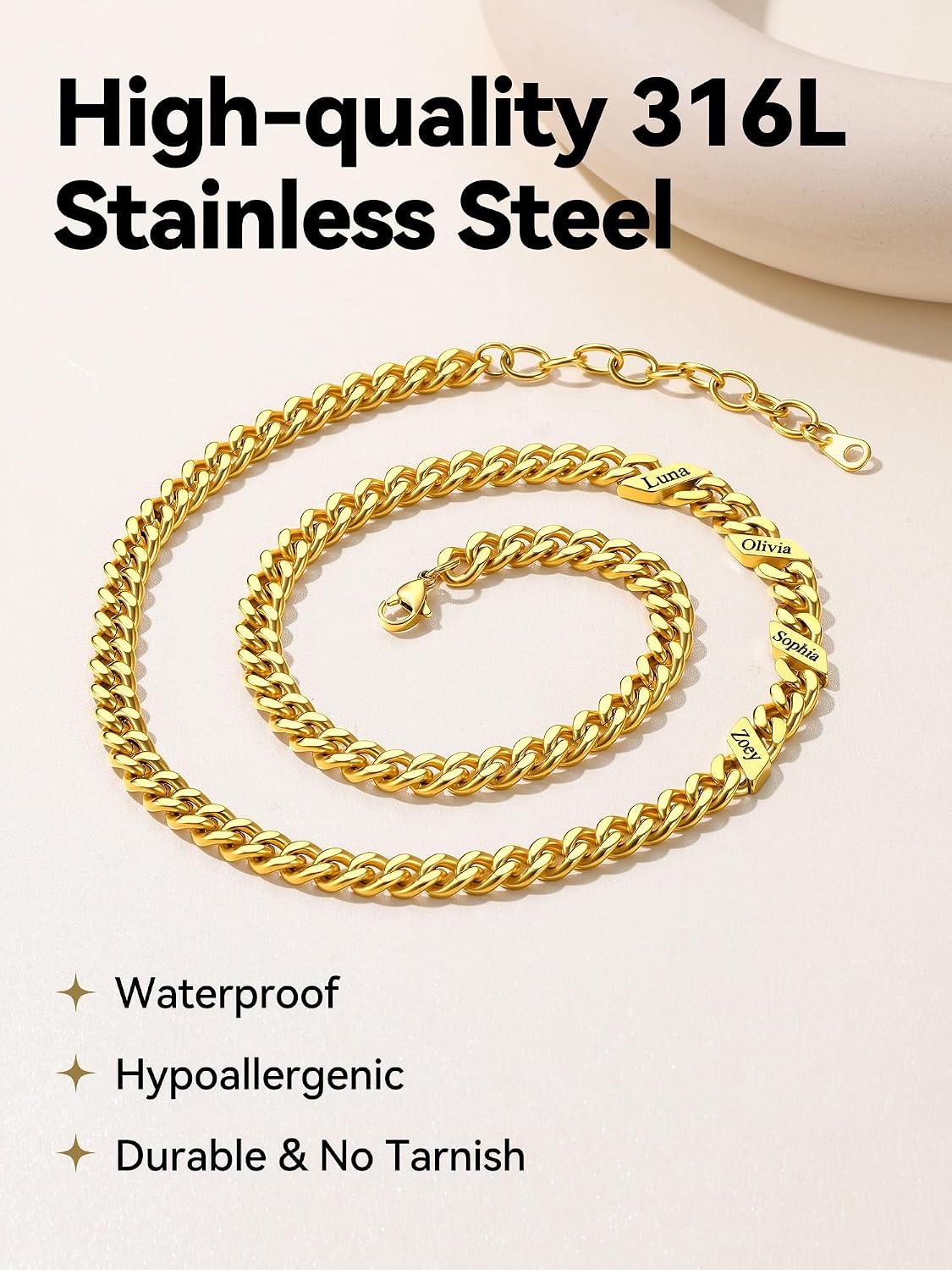 image:imageChainsHouse Personalized Cuban Link Chain for Men WomenCustom Engraved 16 Names5mm7mm9mm12mm Width Chain Name Necklace with Gift BoxHypoallergenic amp WaterproofOGoldWomen7mm width
