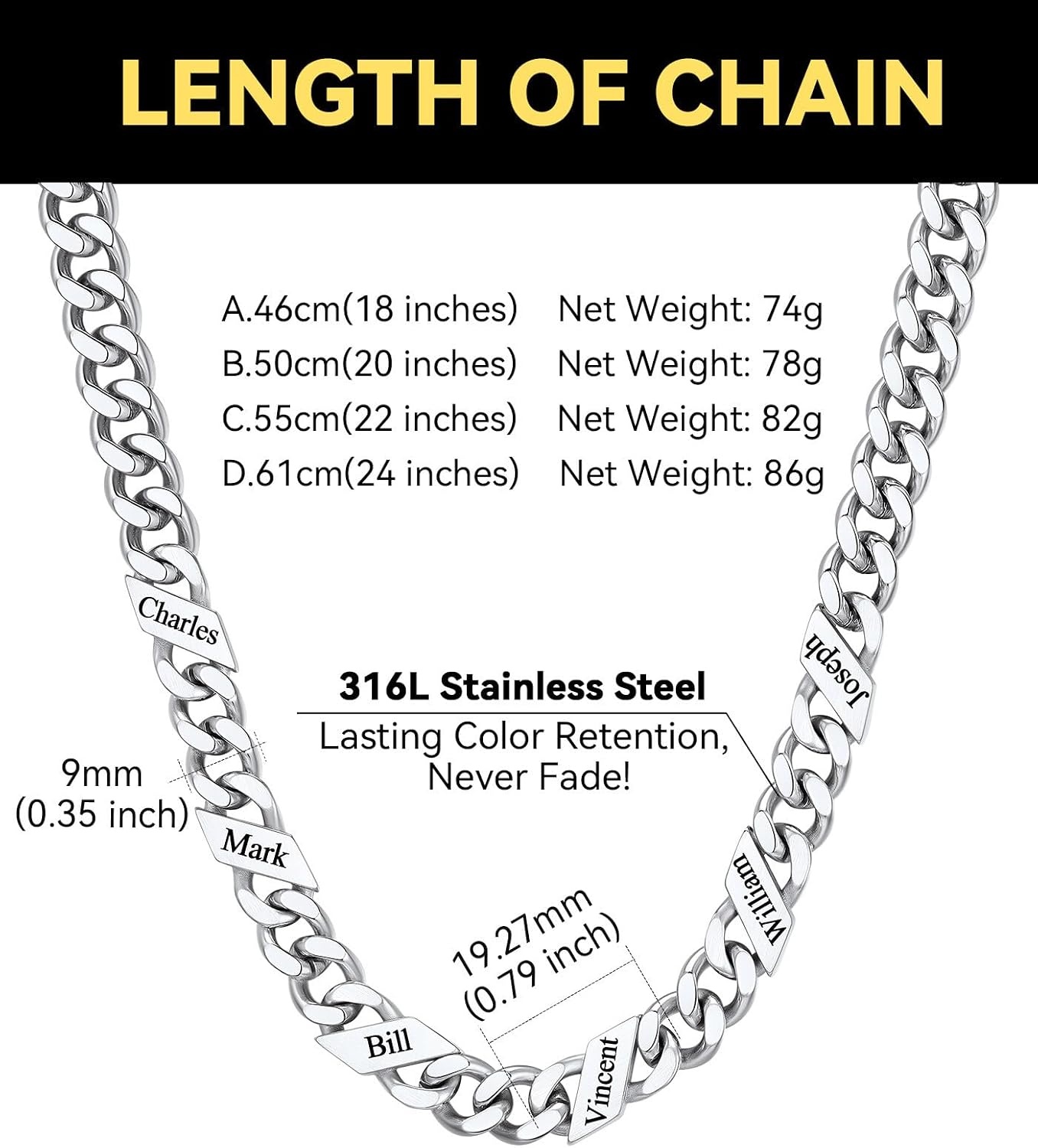 image:imageChainsHouse Personalized Cuban Link Chain for Men WomenCustom Engraved 16 Names5mm7mm9mm12mm Width Chain Name Necklace with Gift BoxHypoallergenic amp WaterproofBSteelMen9mm width